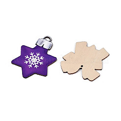 クリスマスUV片面プリント木製ペンダントデコレーション  混合図形  ジュートロープ吊り下げ装飾  レーザーカットウッドシェイプ  ダークスレートブルー  54~84x45.5~74x2mm  穴：2.5mm&nbsp;WOOD-N020-33