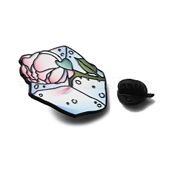 氷の塊とバラの花のエナメルピン  バックパックや衣類用の黒色合金製ラペルピンバック  ピンク  33x26mm&nbsp;JEWB-Z052-01EB-04