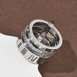 304ステンレススチール製キュービックジルコニア指輪（女性・男性用）  ローマ数字  ステンレス鋼色  12.5~16.5mm  内径：18mm&nbsp;RJEW-F189-06P