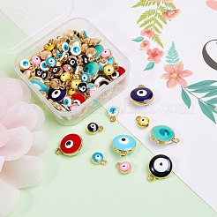 ライトゴールドメッキの合金チャーム  エナメル  ナザールボンジュウ付きフラットラウンド  ミックスカラー  70個/箱&nbsp;sgENAM-SZ0001-37LG