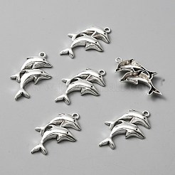 合金のチベット風チャーム  ダブルイルカチャーム  アンティークシルバー  34x21x4mm  穴：1.8mm&nbsp;FIND-CJC0007-56