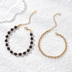 2Pcs 2 Styles Round Natural Obsidian & Synthetic Hematite Beaded Bracelets & 304 Stainless Steel Cable Chains Bracelets for Women&nbsp;BJEW-JB12800-02