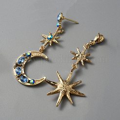 アクアマリン ab ラインストーン ムーン＆スター アシンメトリー イヤリング  女性用亜鉛合金ダングルスタッドピアス  ライトゴールド  62~63mm  ピン：0.8mm&nbsp;EJEW-WH0013-71KCG