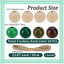 250個 5色スプレー塗装ラウンド天然シマウッドビーズ  ジュート紐1束付き  ミックスカラー  15.5~16mm  穴：3~5mm&nbsp;WOOD-PA0001-73C