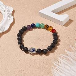 Natural & Synthetic Mixed Gemstone Stretch Bracelet with Alloy Hamsa Hand&nbsp;BJEW-TA00153
