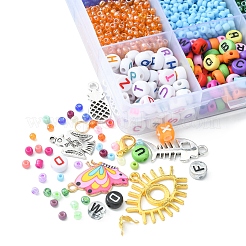 DIY ブレスレット ネックレス メイキング キット  丸いガラスシードとアクリルレタービーズを含む  サンダーバード & パイナップル & バタフライ 合金チャーム & クラスプ  ミックスカラー&nbsp;DIY-FS0004-19