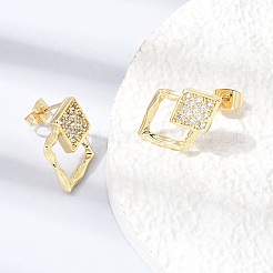 真鍮製マイクロパヴェキュービックジルコニアスタッドピアス  ゴールドカラー  菱形  19.5x14mm&nbsp;KK-CBA5B62-03A-G
