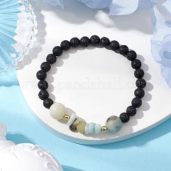 天然の花アマゾナイトと天然の溶岩石ビーズの女性用ストレッチブレスレット  チップ＆ラウンド  内径：2-1/4インチ（5.8cm）&nbsp;BJEW-JB11130-02