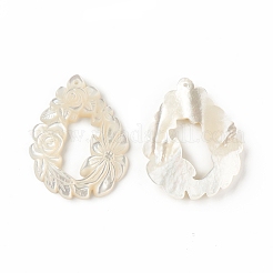 天然石ホワイトシェルペンダント  花のチャームが付いたティアドロップ  33x26x3mm  穴：0.8mm&nbsp;SSHEL-T012-16