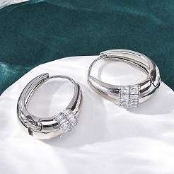 オーバル真鍮マイクロパヴェクリアキュービックジルコニアフープピアス  カドミウムフリー＆鉛フリー  長持ちメッキ  ラックめっき  プラチナ  24.5x20.5x9mm&nbsp;EJEW-G425-03P