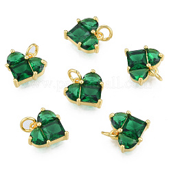 ガラスチャーム  丸カンと真鍮のパーツ  18KGP本金メッキ  ニッケルフリー  ハート  グリーン  12x12x4mm  穴：3mm&nbsp;KK-N233-423