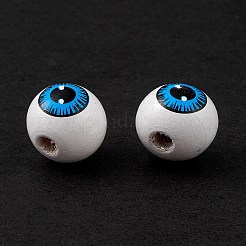 印刷された天然木のヨーロッパのビーズ  大穴ビーズ  丸い目  ブルー  16.5mm  穴：4mm&nbsp;WOOD-C015-01
