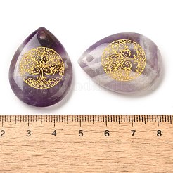 天然アメジストドロップペンダント  金の生命の樹が刻まれた涙型のチャーム  33~33.5x24.5~25x7~7.5mm  穴：2mm&nbsp;G-C158-01L
