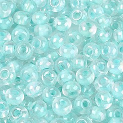 Fgb内側色透明ガラスシードビーズ  ロンデル  淡いターコイズ  6x4mm  穴：2mm  約2000個/450g&nbsp;SEED-T009-01C