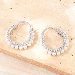 真鍮製フープピアス  プラスチック模造パールと  リング形状  鉛フリー＆カドミウムフリー  長持ちメッキ  ラックめっき  プラチナ  23.5x22x5mm&nbsp;EJEW-Z164-15P