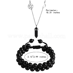 Natural Obsidian Bullet Pendant Necklace and Round Braided Bead Bracelet&nbsp;AJEW-SZ00002-29