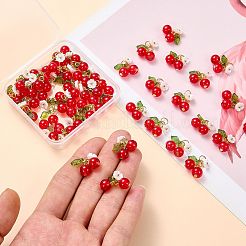 50個のガラスペンダント  チェリー＆フラワー  樹脂とゴールドの丸カンループ付き  レッド  20.5x16.5x8mm  穴：4mm&nbsp;PALLOY-SZ00001