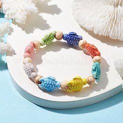Beach Tortoise Handmade Procelain & Wood Round Beaded Stretch Bracelets&nbsp;BJEW-JB10299-01