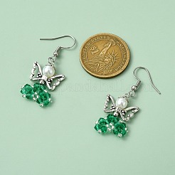 ガラスダングルピアス  合金ビーズと304ステンレススチールのピアスフック付き  天使  シーグリーン  44~45x18mm&nbsp;EJEW-MZ00319-02