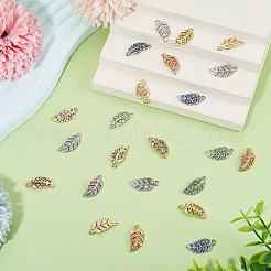 40 個 8 色合金ラインストーンペンダント  葉  黄金/プラチナ  ミックスカラー  23x11x2.5mm  穴：1.8mm  5個/カラー&nbsp;FIND-TA0009-66