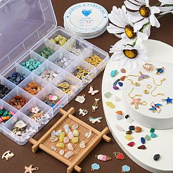DIYジュエリー作成キット  12色ジェムストーンチップビーズ  ハート＆バタフライ＆スターアロイペンダント44個  真鍮製スペーサービーズ30個  真鍮と鉄のパーツ  亜鉛合金カニカン  弾性水晶の線  ミックスカラー  ジェムストーンチップビーズ：120g /セット&nbsp;DIY-FS0001-54