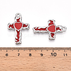 304ステンレスペンダント  エナメル  ハートチャーム付きクロス  ステンレス鋼色  レッド  30x20x3mm  穴：2mm&nbsp;STAS-N108-25B-P