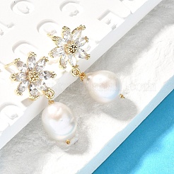 Natural Pearl Dangle Ear Studs&nbsp;EJEW-L099-06G