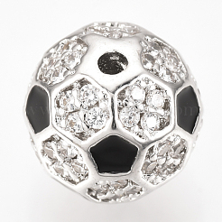 真鍮製マイクロパヴェキュービックジルコニアビーズ  カドミウムフリー＆鉛フリー  エナメル  サッカー/サッカーボール  プラチナ  9.5~10mm  穴：1.5mm&nbsp;ZIRC-Q013-10mm-136P