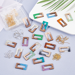 長方形のイヤリング10ペアDIYキット  10色のレジン＆ウォールナットウッドペンダントを含む  真鍮のピアスフックと丸カン  ミックスカラー  28x15x3mm  穴：2mm&nbsp;DIY-OC0005-65