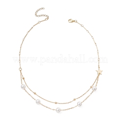 White Round Shell Pearl & Brass Double Layer Necklaces&nbsp;NJEW-TA00232