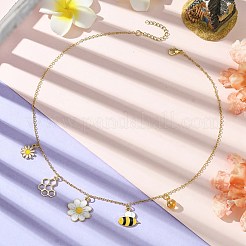 Flower & Bees & Honeycomb Alloy & Glass Pendant Necklaces&nbsp;X1-NJEW-TA00165