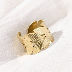 女性用304ステンレススチールオープンカフリング  葉  18KGP本金メッキ  14.5mm  調整可能&nbsp;LS-RJEW-Z083-02G-02