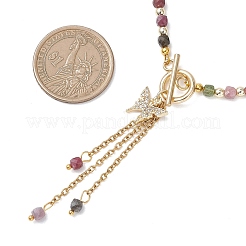 Natural Multicolor Tourmaline Faceted Cube Beaded Brass Micro Pave Clear Cubic Zirconia Butterfly Pendant OT Lariat Necklaces for Women&nbsp;NJEW-JN05807
