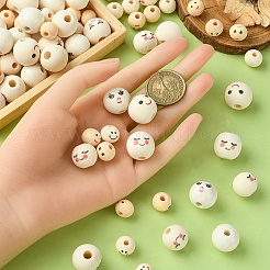 140スタイルのプリントウッドビーズ7個。  笑顔の模様で丸い  染色されていない  ビスク  12~18x11~17mm  穴：2.9~5mm  20個/スタイル&nbsp;WOOD-YW0001-14