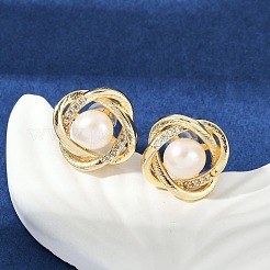 真鍮の模造真珠のスタッドピアス  ラウンド  クリアキュービックジルコニア  14KGP本金メッキ  14.5mm&nbsp;KK-D301-06G