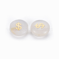 天然淡水シェルビーズ  金メッキ真鍮金属装飾付き  マーク付きフラットラウンド$  貝殻色  8x4.5mm  穴：0.6mm&nbsp;SHEL-N003-22-03