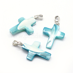 シェルペンダント  真鍮パーツ  クロス  染め  プラチナ  19~23x11~13x3~5mm  穴：2x5mm&nbsp;LS-SSHEL-E565-B-02P