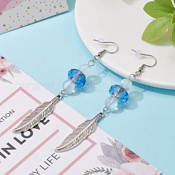 Feather with Round Beads Long Dangle Earrings for Girl Women&nbsp;EJEW-JE04681-01
