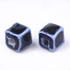手作りの陶器ビーズ  ファンシーアンティーク施釉磁器  キューブ  ダークブルー  8x7.5~8x7.5~8mm  穴：1.5~2mm&nbsp;PORC-S498-37B