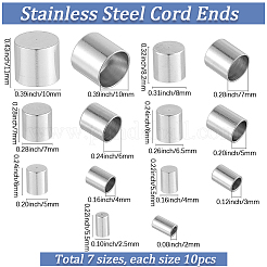 70個、7種類のスタイルのステンレススチールコードエンド  エンドキャップ  コラム  ステンレス鋼色  5.5~10x2.5~8mm  内径：2~10mm  10個/スタイル&nbsp;STAS-SC0010-77