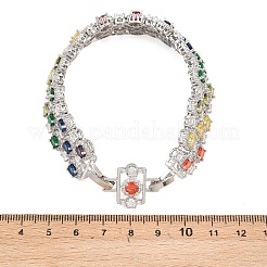 プラチナトーン真鍮マイクロパヴェキュービックジルコニアテニスブレスレット  女性用リンクブレスレット  フラットラウンド  ガラスと時計バンドの留め金付き  長持ちメッキ  カラフル  8-1/2x3/4インチ（21.5x2cm）&nbsp;BJEW-B160-11P
