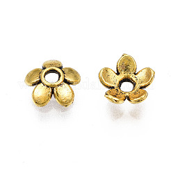 チベット風合金ビーズキャップ  カドミウムフリー＆鉛フリー  5花びら  花  アンティーク黄金  6.5x3mm  穴：1mm  約666個/100g&nbsp;X-TIBEB-S039-017AG-RS