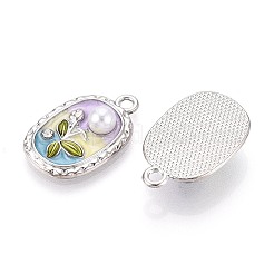 ラックメッキ合金ラインストーンエナメルペンダント  長方形と花  ABSの模造パールと  プラチナ  23x15x5.5mm  穴：2mm&nbsp;ENAM-N065-10P