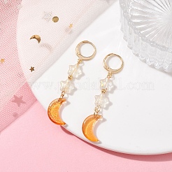 月と星のガラスダングルフレンチフックピアス、304ステンレススチールピン付き  オレンジ  55x11mm&nbsp;EJEW-JE05605-04