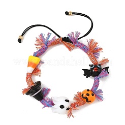 ハロウィン ハンドメイド ランプワーク ゴースト カボチャ コウモリ 編み込みビーズブレスレット  綿とナイロンのタッセルコード付き  カラフル  内径：2.05~3.35インチ（5.2~8.5cm）&nbsp;BJEW-TA00771