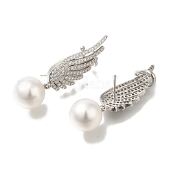 Rack Plating Feather Brass Micro Pave Clear Cubic Zirconia Stud Earrings&nbsp;EJEW-H016-12P