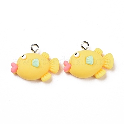 不透明樹脂ペンダント  プラチナトーンの鉄ループ付き  魚  きいろ  18x22x8mm  穴：2mm&nbsp;LS-RESI-G028-21P