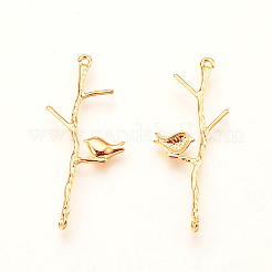 真鍮製リンクコネクター  鳥と枝  18KGP本金メッキ  34x13x1.5mm  穴：1mm&nbsp;X-KK-S345-081