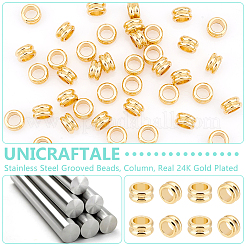 304ステンレススチールスジ入りビーズ40個  コラム  24KGP本金メッキ  8x4mm  穴：5mm&nbsp;STAS-UN0053-22