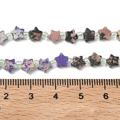 5 種類の合成インペリアル ジャスパー、天然グリーン スポット ジャスパー、ロードナイト、ダルメシアン ジャスパー、カンババ ジャスパーのビーズ 連売り  スター  シードビーズで  染めと未染色の混合  6x5.5x2.5mm  穴：1mm  約54個/連  15.35''（39cm）〜15.55''（39.5cm）&nbsp;G-D095-A02